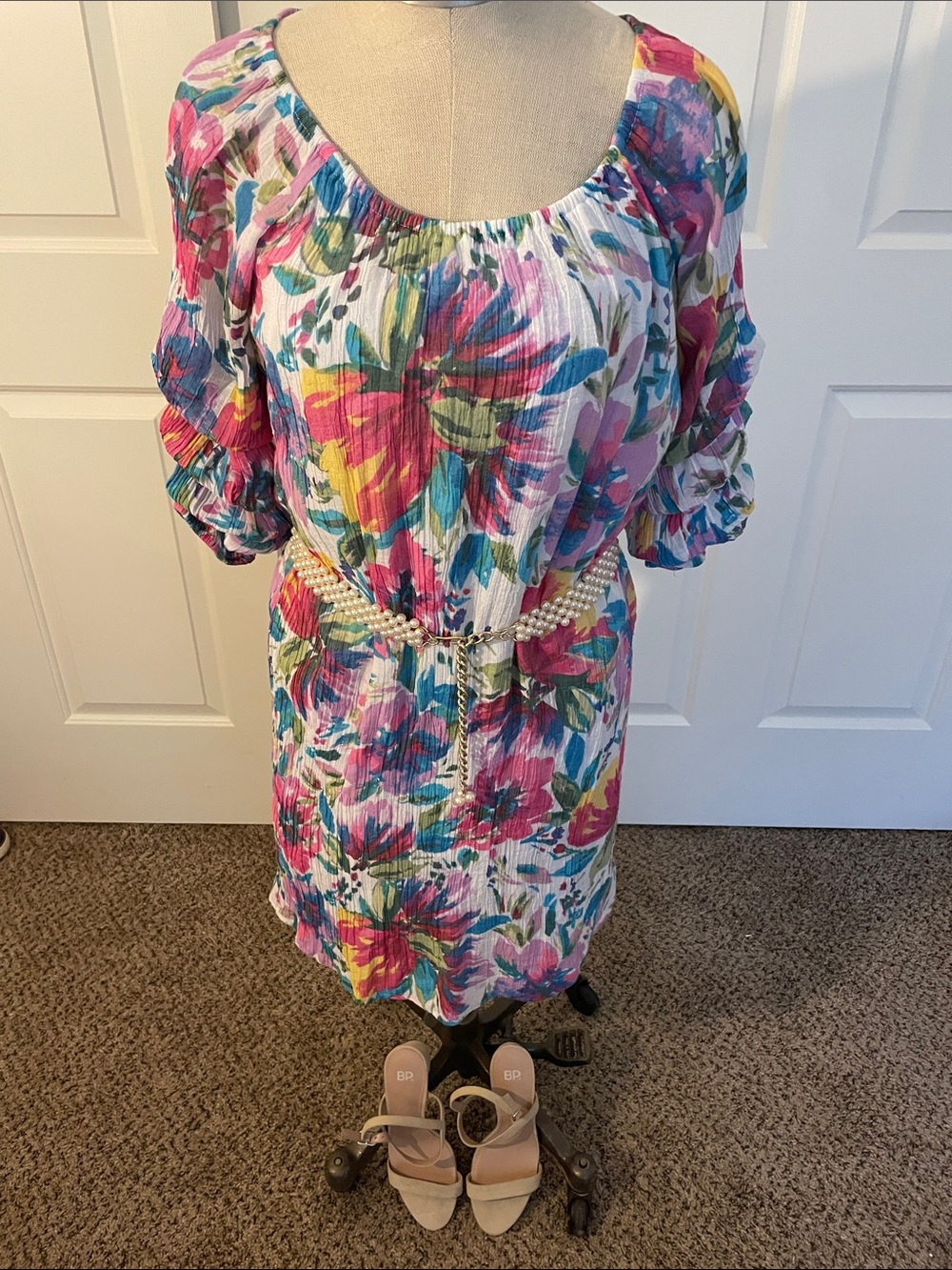 INDIGO ROSE Beautiful Scoop-Neck Flower PrintDress in White with Pink & Teal L